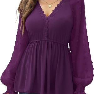 Women's V Neck Swiss Dot Sheer Blouse